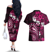 Fiji Masi Paisley With Hibiscus Tapa Couples Matching Off The Shoulder Long Sleeve Dress and Hawaiian Shirt Pink Version LT01 - Polynesian Pride