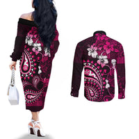 Fiji Masi Paisley With Hibiscus Tapa Couples Matching Off The Shoulder Long Sleeve Dress and Long Sleeve Button Shirt Pink Version LT01 - Polynesian Pride
