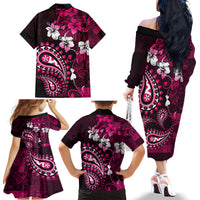 Fiji Masi Paisley With Hibiscus Tapa Family Matching Off Shoulder Long Sleeve Dress and Hawaiian Shirt Pink Version LT01 - Polynesian Pride
