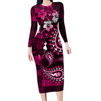 Fiji Masi Paisley With Hibiscus Tapa Long Sleeve Bodycon Dress Pink Version LT01 Long Dress Pink - Polynesian Pride