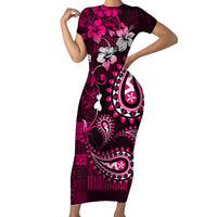 Fiji Masi Paisley With Hibiscus Tapa Short Sleeve Bodycon Dress Pink Version LT01 Long Dress Pink - Polynesian Pride