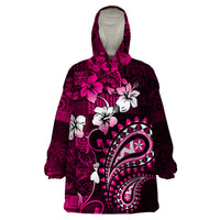 Fiji Masi Paisley With Hibiscus Tapa Wearable Blanket Hoodie Pink Version LT01 One Size Pink - Polynesian Pride