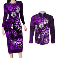 Fiji Masi Paisley Couples Matching Long Sleeve Bodycon Dress and Long Sleeve Button Shirt Fijian Hibiscus Tapa Purple Version LT01 Purple - Polynesian Pride