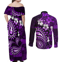 Fiji Masi Paisley Couples Matching Off Shoulder Maxi Dress and Long Sleeve Button Shirt Fijian Hibiscus Tapa Purple Version LT01 - Polynesian Pride