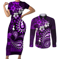 Fiji Masi Paisley Couples Matching Short Sleeve Bodycon Dress and Long Sleeve Button Shirt Fijian Hibiscus Tapa Purple Version LT01 Purple - Polynesian Pride