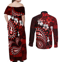 Fiji Masi Paisley Couples Matching Off Shoulder Maxi Dress and Long Sleeve Button Shirt Fijian Hibiscus Tapa Red Version LT01 - Polynesian Pride