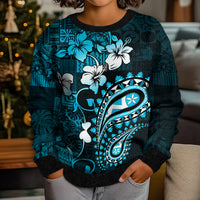 Fiji Masi Paisley Kid Ugly Christmas Sweater Fijian Hibiscus Tapa Sky Blue Version LT01 - Polynesian Pride