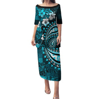 Fiji Masi Paisley Puletasi Fijian Hibiscus Tapa Sky Blue Version LT01 Long Dress Blue - Polynesian Pride