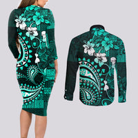 Fiji Masi Paisley Couples Matching Long Sleeve Bodycon Dress and Long Sleeve Button Shirt Fijian Hibiscus Tapa Turquoise Version LT01 - Polynesian Pride