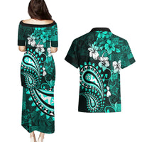 Fiji Masi Paisley Couples Matching Puletasi Dress and Hawaiian Shirt Fijian Hibiscus Tapa Turquoise Version LT01 - Polynesian Pride