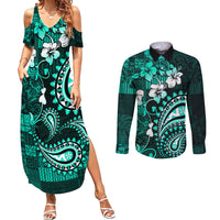 Fiji Masi Paisley Couples Matching Summer Maxi Dress and Long Sleeve Button Shirt Fijian Hibiscus Tapa Turquoise Version LT01 Turquoise - Polynesian Pride