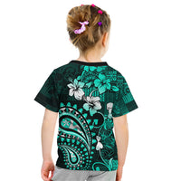 Fiji Masi Paisley Kid T Shirt Fijian Hibiscus Tapa Turquoise Version LT01 - Polynesian Pride