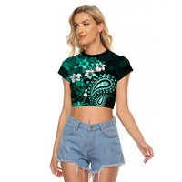 Fiji Masi Paisley Raglan Cropped T Shirt Fijian Hibiscus Tapa Turquoise Version LT01 Female Turquoise - Polynesian Pride
