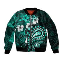 Fiji Masi Paisley Sleeve Zip Bomber Jacket Fijian Hibiscus Tapa Turquoise Version LT01 Unisex Turquoise - Polynesian Pride