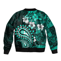 Fiji Masi Paisley Sleeve Zip Bomber Jacket Fijian Hibiscus Tapa Turquoise Version LT01 - Polynesian Pride