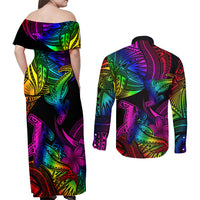LGBT History Month Couples Matching Off Shoulder Maxi Dress and Long Sleeve Button Shirt Polynesian Hammerhead Shark LT01 - Polynesian Pride