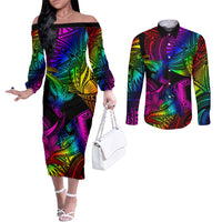 LGBT History Month Couples Matching Off The Shoulder Long Sleeve Dress and Long Sleeve Button Shirt Polynesian Hammerhead Shark LT01 Rainbow - Polynesian Pride