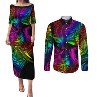 LGBT History Month Couples Matching Puletasi and Long Sleeve Button Shirt Polynesian Hammerhead Shark LT01 Rainbow - Polynesian Pride