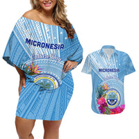 Micronesia Culture Day Couples Matching Off Shoulder Short Dress and Hawaiian Shirt Tribal Pattern Tropical Style LT01 Blue - Polynesian Pride