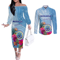 Micronesia Culture Day Couples Matching Off The Shoulder Long Sleeve Dress and Long Sleeve Button Shirt Tribal Pattern Tropical Style LT01 Blue - Polynesian Pride