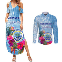 Micronesia Culture Day Couples Matching Summer Maxi Dress and Long Sleeve Button Shirt Tribal Pattern Tropical Style LT01 Blue - Polynesian Pride