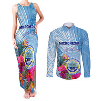 Micronesia Culture Day Couples Matching Tank Maxi Dress and Long Sleeve Button Shirt Tribal Pattern Tropical Style LT01 Blue - Polynesian Pride