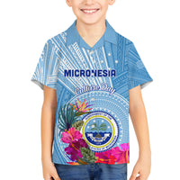 Micronesia Culture Day Family Matching Off Shoulder Short Dress and Hawaiian Shirt Tribal Pattern Tropical Style LT01 Son's Shirt Blue - Polynesian Pride