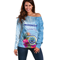 Micronesia Culture Day Off Shoulder Sweater Tribal Pattern Tropical Style LT01 Women Blue - Polynesian Pride