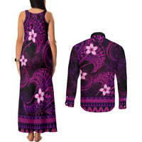 FSM Chuuk State Couples Matching Tank Maxi Dress and Long Sleeve Button Shirt Tribal Pattern Pink Version LT01 - Polynesian Pride