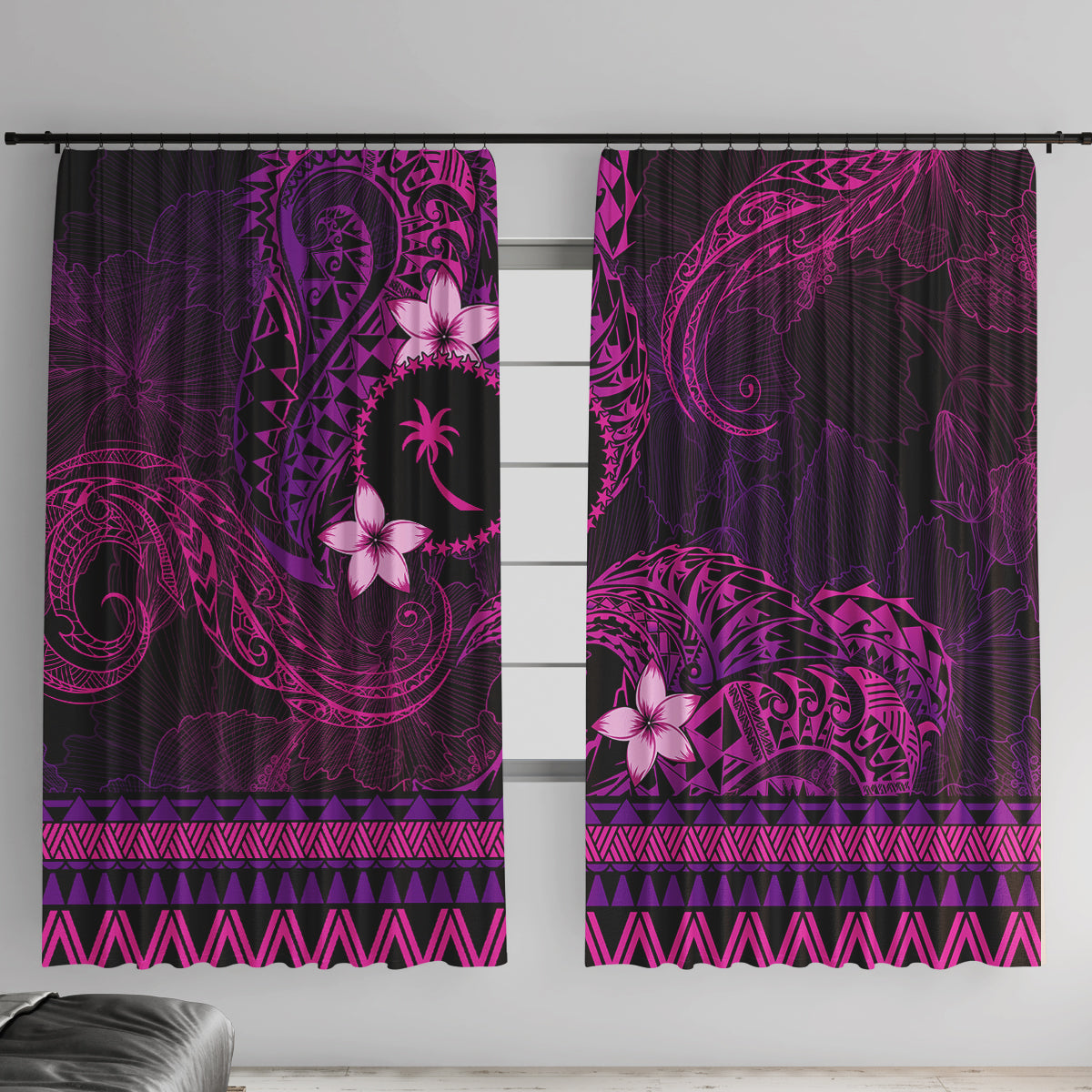 FSM Chuuk State Window Curtain Tribal Pattern Pink Version LT01 With Hooks Pink - Polynesian Pride
