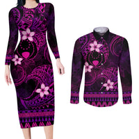 FSM Pohnpei State Couples Matching Long Sleeve Bodycon Dress and Long Sleeve Button Shirt Tribal Pattern Pink Version LT01 Pink - Polynesian Pride