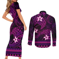 FSM Pohnpei State Couples Matching Short Sleeve Bodycon Dress and Long Sleeve Button Shirt Tribal Pattern Pink Version LT01 - Polynesian Pride
