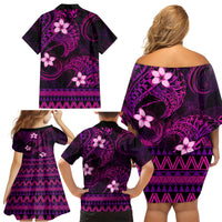 FSM Pohnpei State Family Matching Off Shoulder Short Dress and Hawaiian Shirt Tribal Pattern Pink Version LT01 - Polynesian Pride