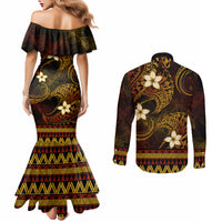 FSM Culture Day Couples Matching Mermaid Dress and Long Sleeve Button Shirt Tribal Pattern Gold Version LT01 - Polynesian Pride
