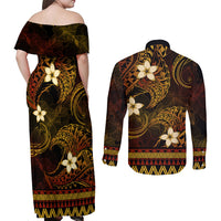 FSM Culture Day Couples Matching Off Shoulder Maxi Dress and Long Sleeve Button Shirt Tribal Pattern Gold Version LT01 - Polynesian Pride