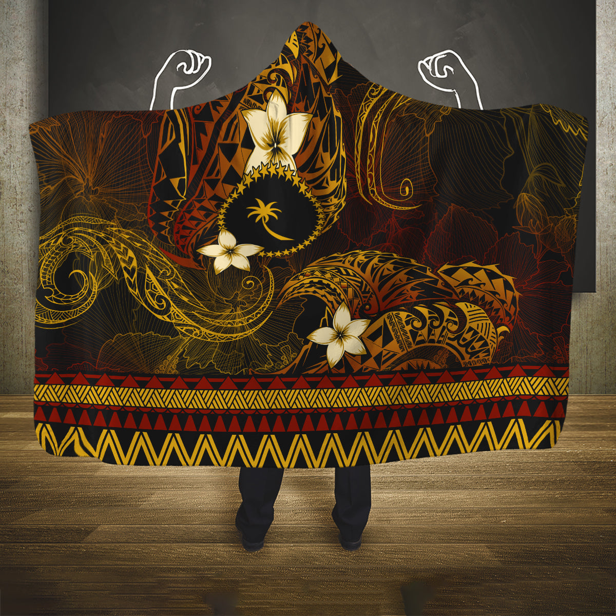FSM Chuuk State Hooded Blanket Tribal Pattern Gold Version LT01 One Size Gold - Polynesian Pride