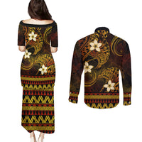 FSM Kosrae State Couples Matching Puletasi and Long Sleeve Button Shirt Tribal Pattern Gold Version LT01 - Polynesian Pride