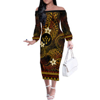 FSM Kosrae State Family Matching Off Shoulder Long Sleeve Dress and Hawaiian Shirt Tribal Pattern Gold Version LT01 Mom's Dress Gold - Polynesian Pride