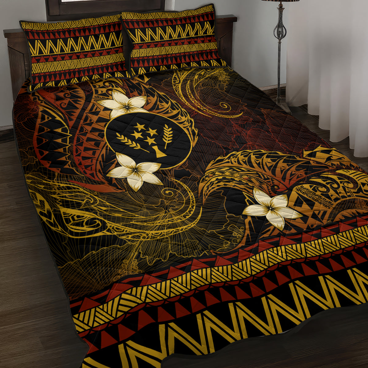 FSM Kosrae State Quilt Bed Set Tribal Pattern Gold Version LT01 Gold - Polynesian Pride