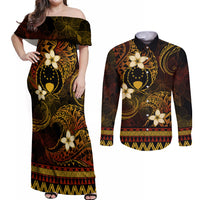 FSM Pohnpei State Couples Matching Off Shoulder Maxi Dress and Long Sleeve Button Shirt Tribal Pattern Gold Version LT01 Gold - Polynesian Pride