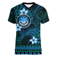 FSM Culture Day Women V Neck T Shirt Tribal Pattern Ocean Version LT01 Female Blue - Polynesian Pride