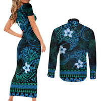 FSM Chuuk State Couples Matching Short Sleeve Bodycon Dress and Long Sleeve Button Shirt Tribal Pattern Ocean Version LT01 - Polynesian Pride