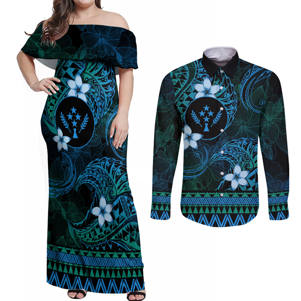 FSM Kosrae State Couples Matching Off Shoulder Maxi Dress and Long Sleeve Button Shirt Tribal Pattern Ocean Version LT01 Blue - Polynesian Pride