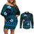 FSM Kosrae State Couples Matching Off Shoulder Short Dress and Long Sleeve Button Shirt Tribal Pattern Ocean Version LT01 Blue - Polynesian Pride