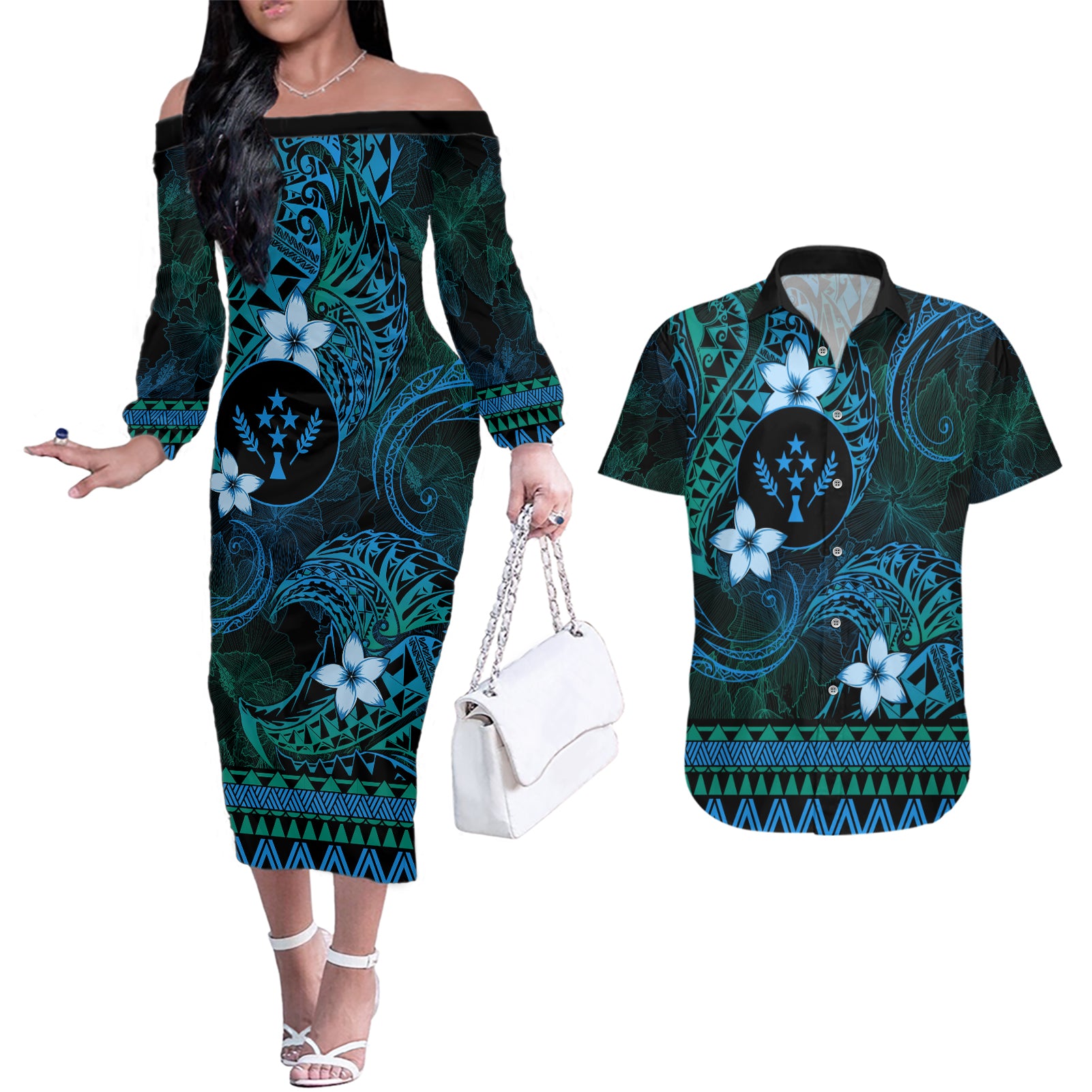 FSM Kosrae State Couples Matching Off The Shoulder Long Sleeve Dress and Hawaiian Shirt Tribal Pattern Ocean Version LT01 Blue - Polynesian Pride
