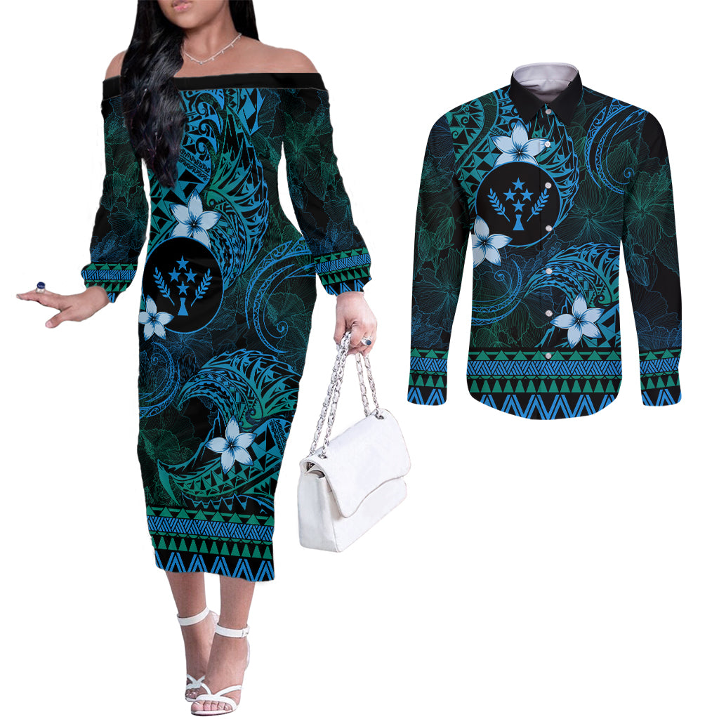 FSM Kosrae State Couples Matching Off The Shoulder Long Sleeve Dress and Long Sleeve Button Shirt Tribal Pattern Ocean Version LT01 Blue - Polynesian Pride