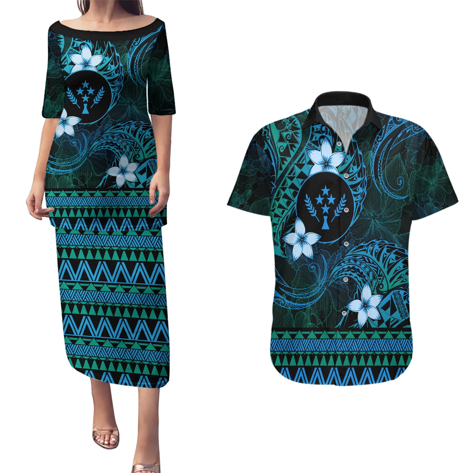 FSM Kosrae State Couples Matching Puletasi and Hawaiian Shirt Tribal Pattern Ocean Version LT01 Blue - Polynesian Pride