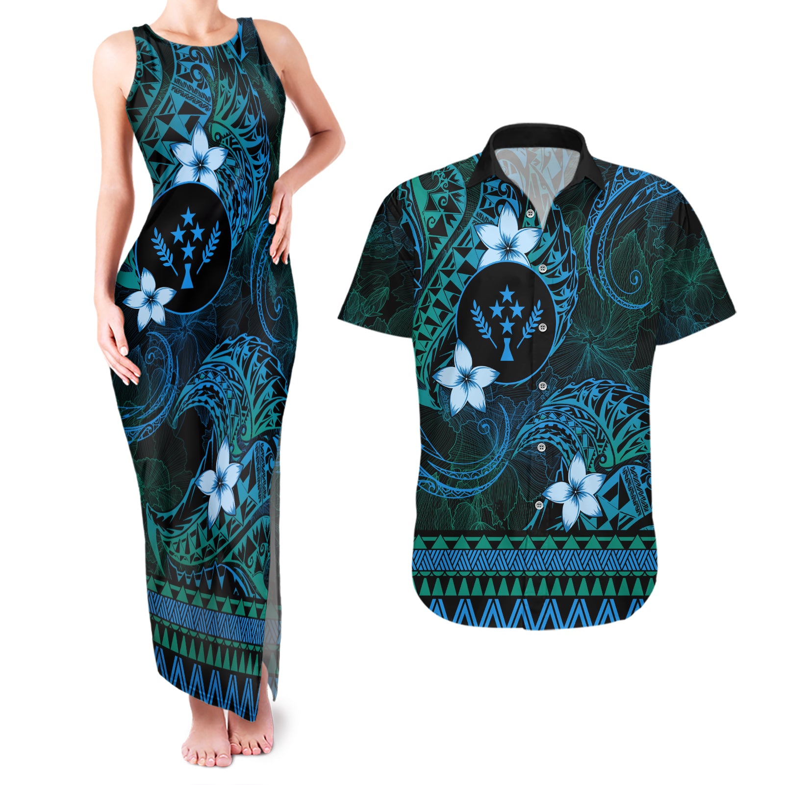 FSM Kosrae State Couples Matching Tank Maxi Dress and Hawaiian Shirt Tribal Pattern Ocean Version LT01 Blue - Polynesian Pride