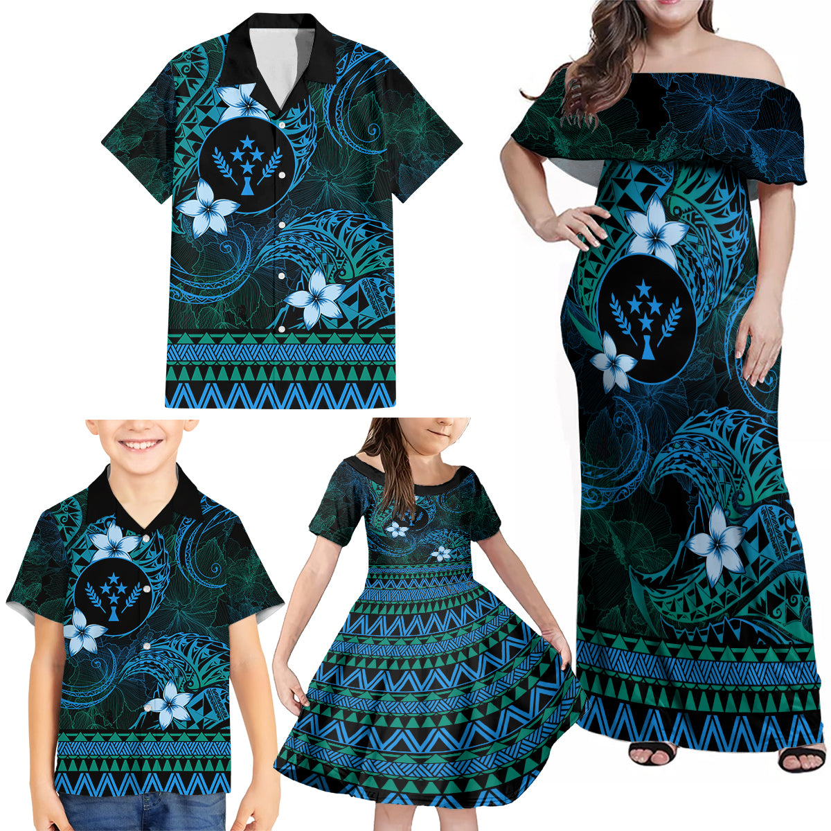 FSM Kosrae State Family Matching Off Shoulder Maxi Dress and Hawaiian Shirt Tribal Pattern Ocean Version LT01 - Polynesian Pride