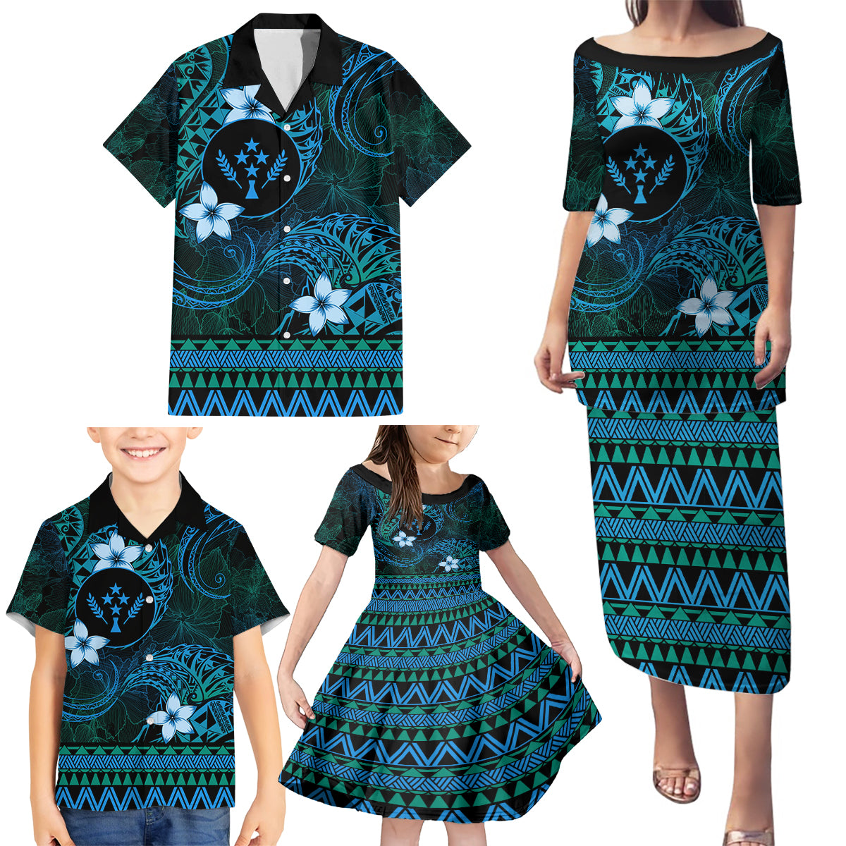 FSM Kosrae State Family Matching Puletasi and Hawaiian Shirt Tribal Pattern Ocean Version LT01 - Polynesian Pride